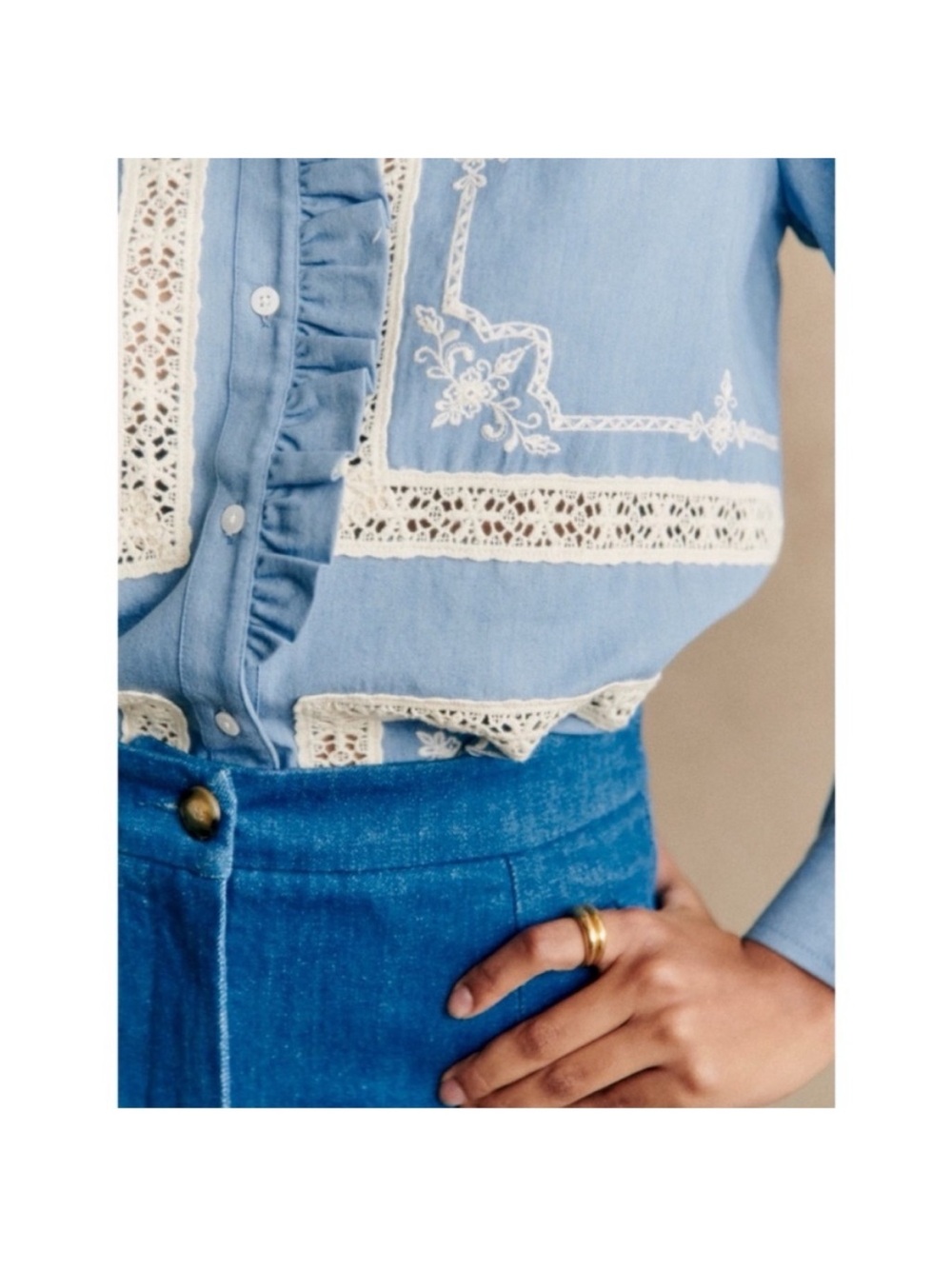 SEZANE Blue Ecru Lace Embroidered High Collar Button Down Chambray Ulysse Shirt - Picture 8 of 16